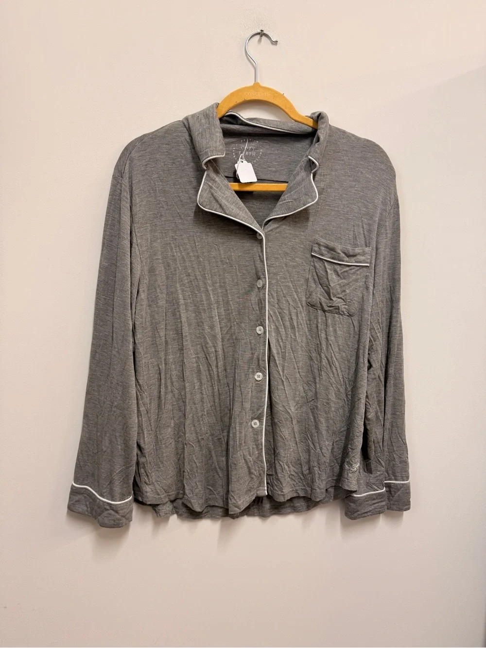 Women's Gray Long-Sleeve Modal Pajama Top with Contrast Piping